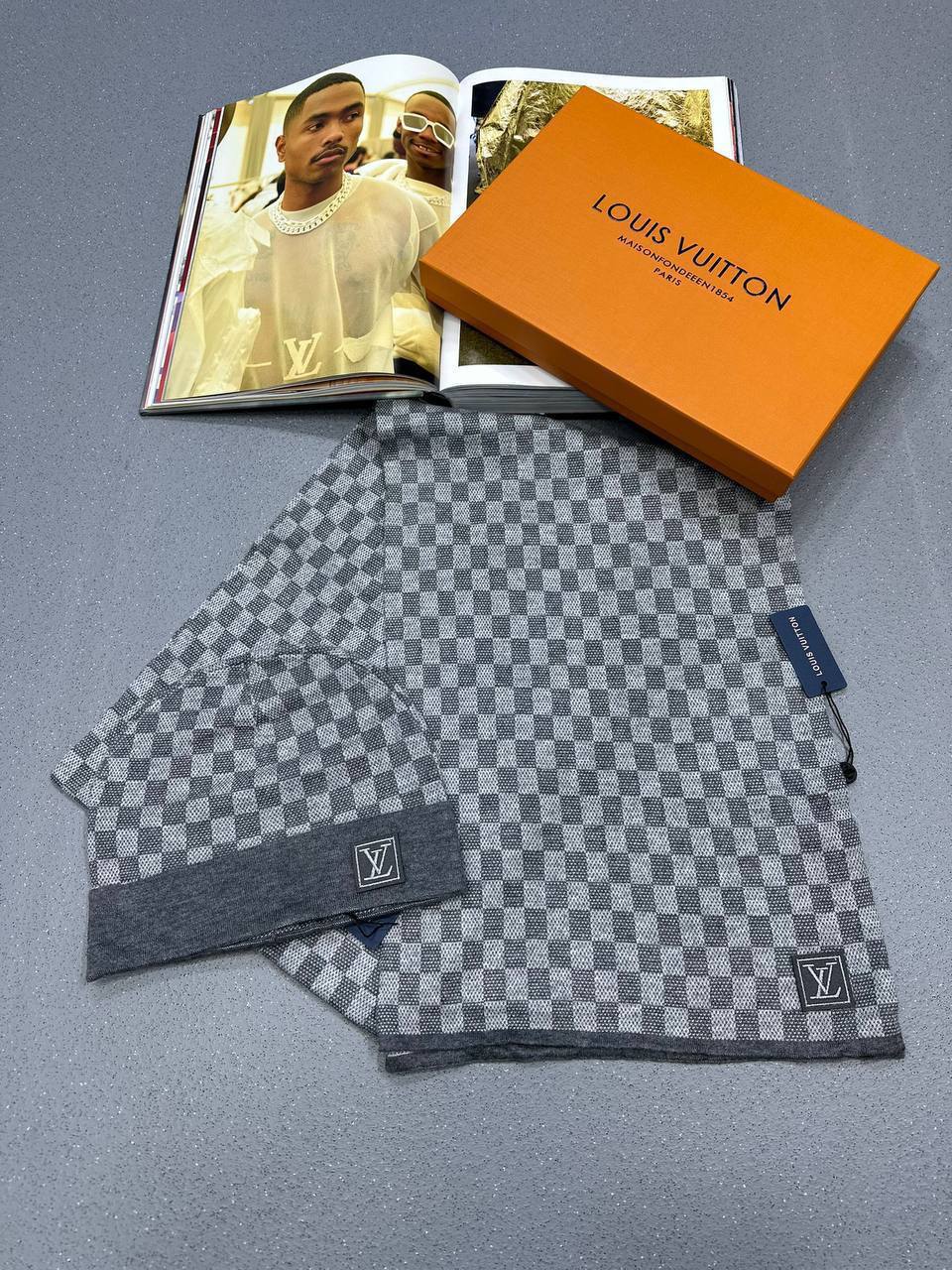 Louis Vuitton Hat & Scarf Set Logo Womens in Grey Best Sale UK Reps AAA Quality