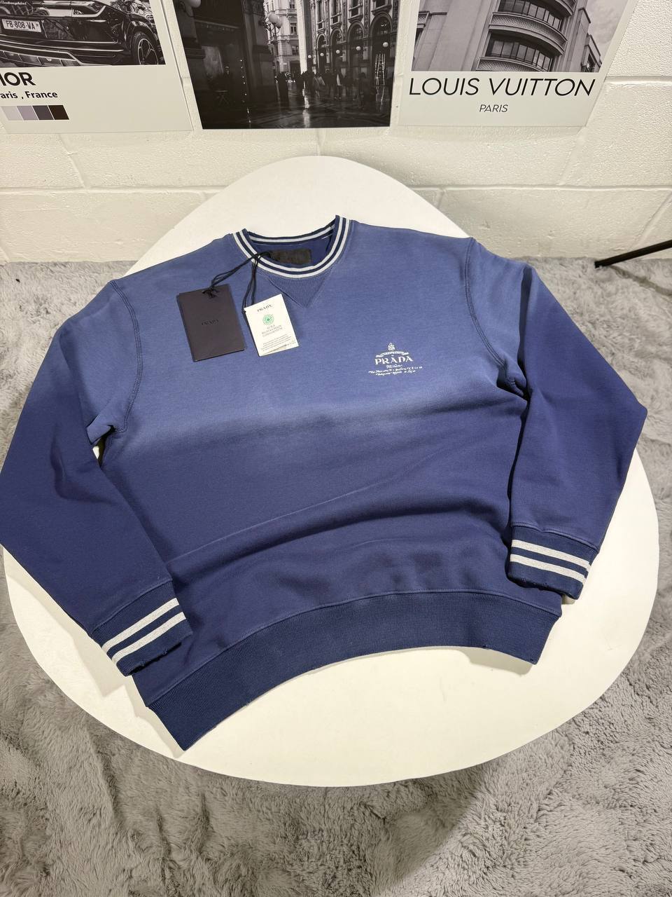 Prada Logo-Embroidered Stripe-Trim Cotton-Fleece Jumpers in Blue UK Reps AAA Quality