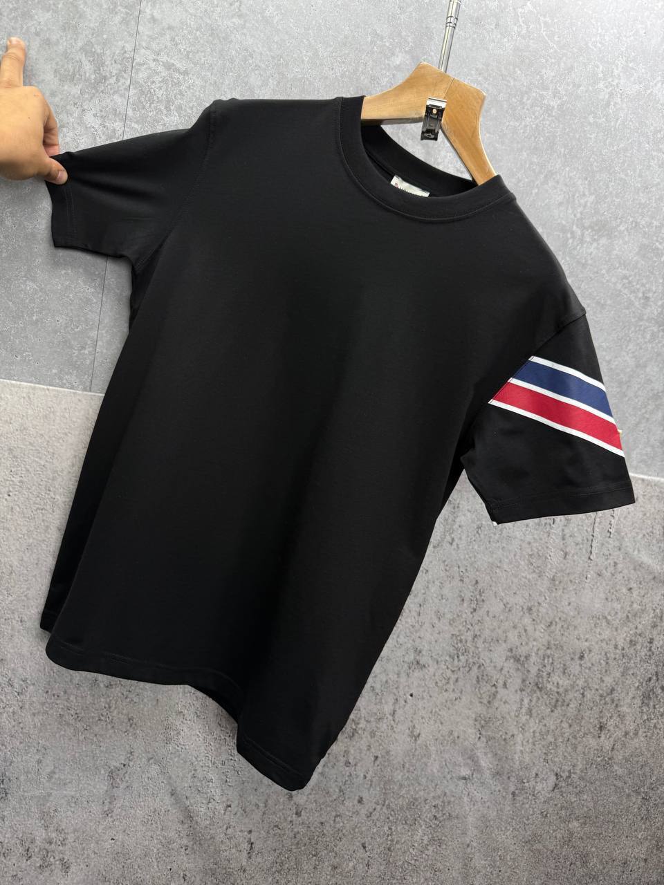Moncler Tricolour Arm Stripe Logo Cotton T-shirts Mens in 2 Colors UK Reps AAA Quality