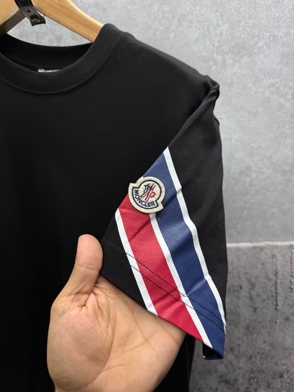Moncler Tricolour Arm Stripe Logo Cotton T-shirts Mens in 2 Colors UK Reps AAA Quality