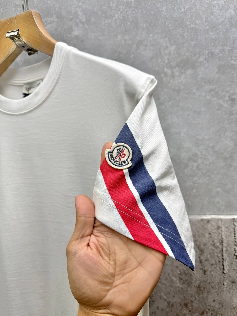 Moncler Tricolour Arm Stripe Logo Cotton T-shirts Mens in 2 Colors UK Reps AAA Quality