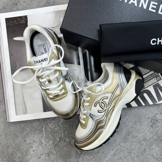 Chanel Laminated Ivory Metallic Flat Trainers Women's in Silver Color UK Reps AAA Quality
