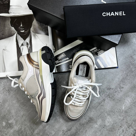 Chanel Laminated Ivory Metallic Flat Trainers Women's in Shiny Gold Color UK Reps AAA Quality