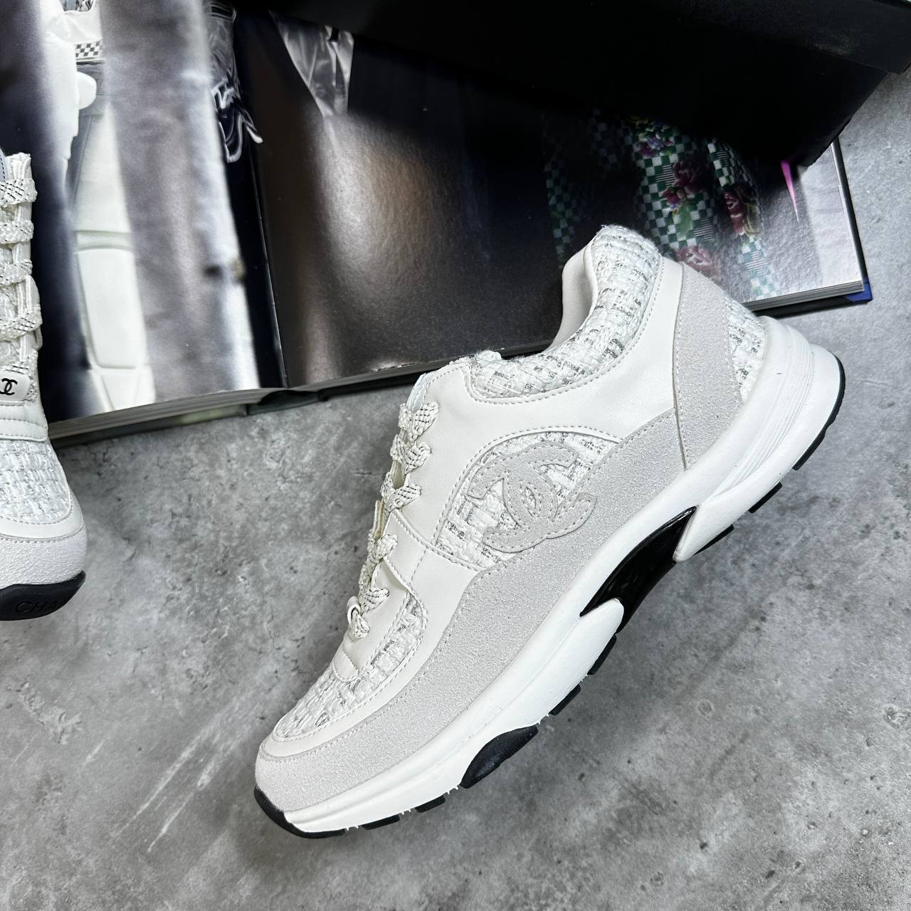 Chanel Suede CalfskinFabric CC Logo Runner Trainer Women's in White Color UK Reps AAA Quality