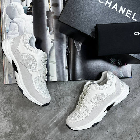 Chanel Suede CalfskinFabric CC Logo Runner Trainer Women's in White Color UK Reps AAA Quality