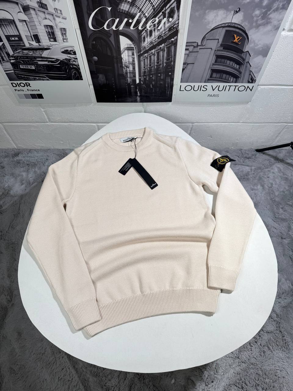 Stone Island Wool Crewneck Sweatshirts Mens Logo Patch in Beige Color UK Reps AAA Quality