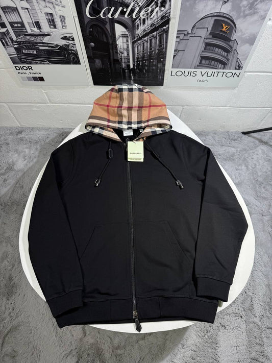 Burberry Check Hood Cotton Zip Mens Tracksuit in Black Color Best Sale UK Reps AAA Quality