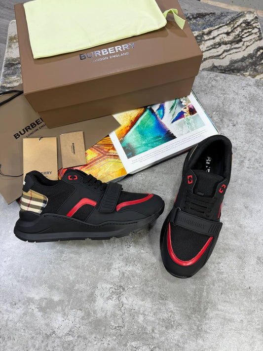 Burberry Ramsey Vintage Check, Suede and Leather Trainers Mens in Black/Red Color Best Sale UK Reps AAA Quality