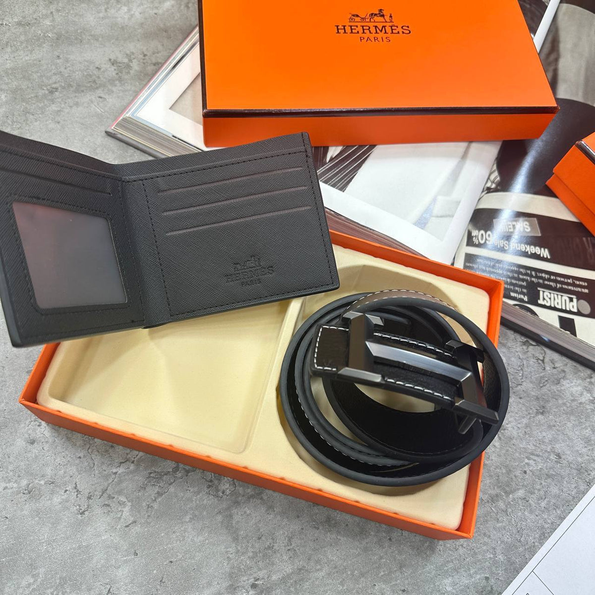 Hermès Leather Belt and Bifold Wallet Sets Mens Black UK Reps Superclone Quality