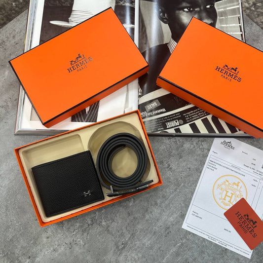 Hermès Leather Belt and Bifold Wallet Sets Mens Black UK Reps Superclone Quality