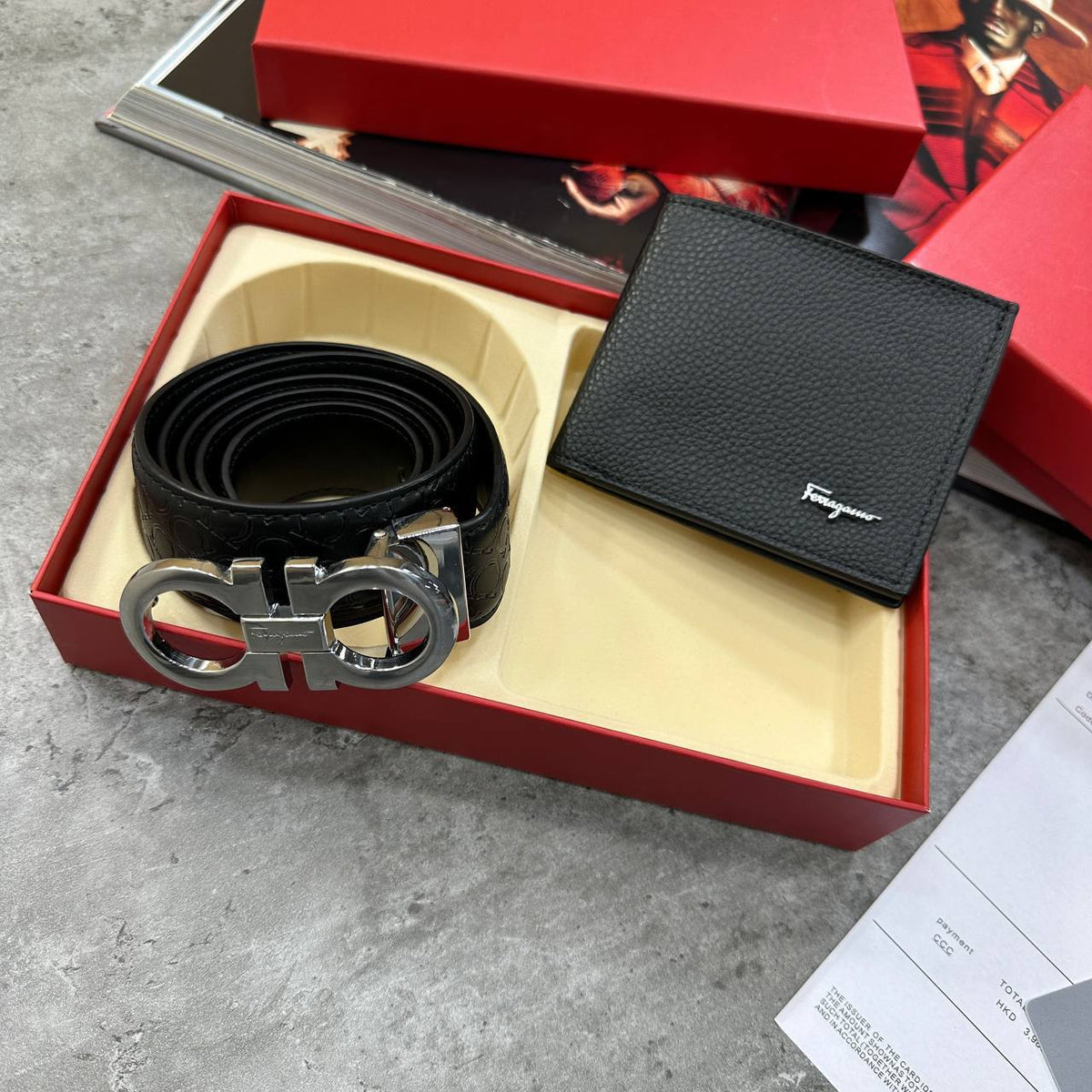 Ferragamo Gancini Belt and Bifold Wallet Sets Mens Black UK Reps Superclone Quality