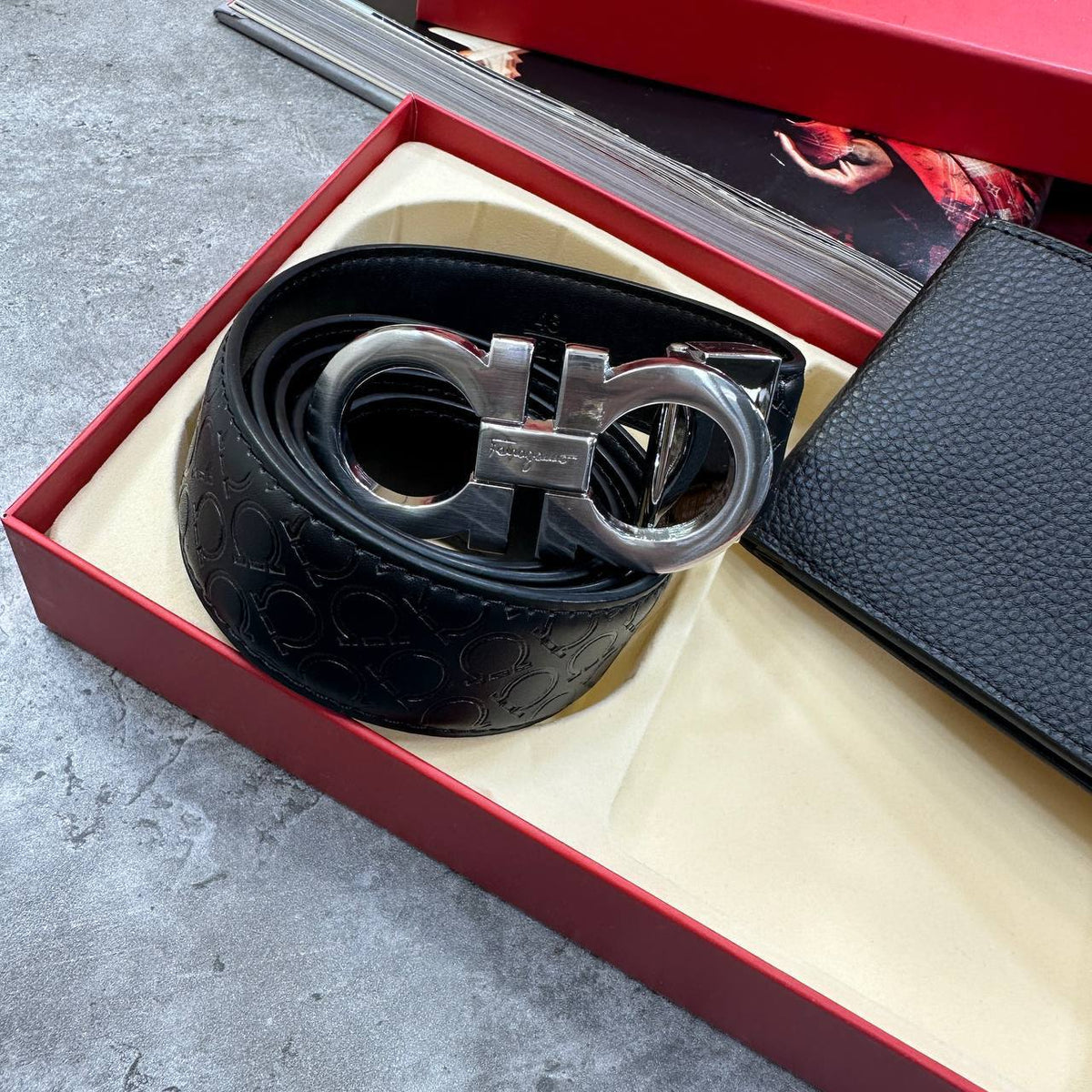 Ferragamo Gancini Belt and Bifold Wallet Sets Mens Black UK Reps Superclone Quality