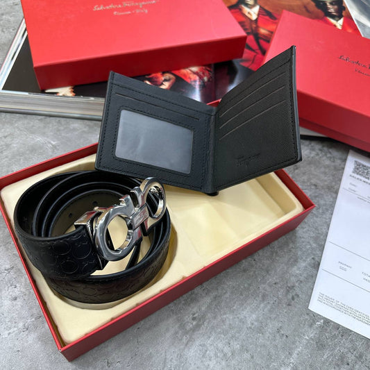 Ferragamo Gancini Belt and Bifold Wallet Sets Mens Black UK Reps Superclone Quality