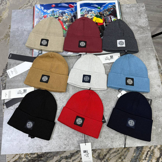 Stone Island Black Logo Patch Beanie in Multiple Colors Best Sale UK Reps AAA Quality