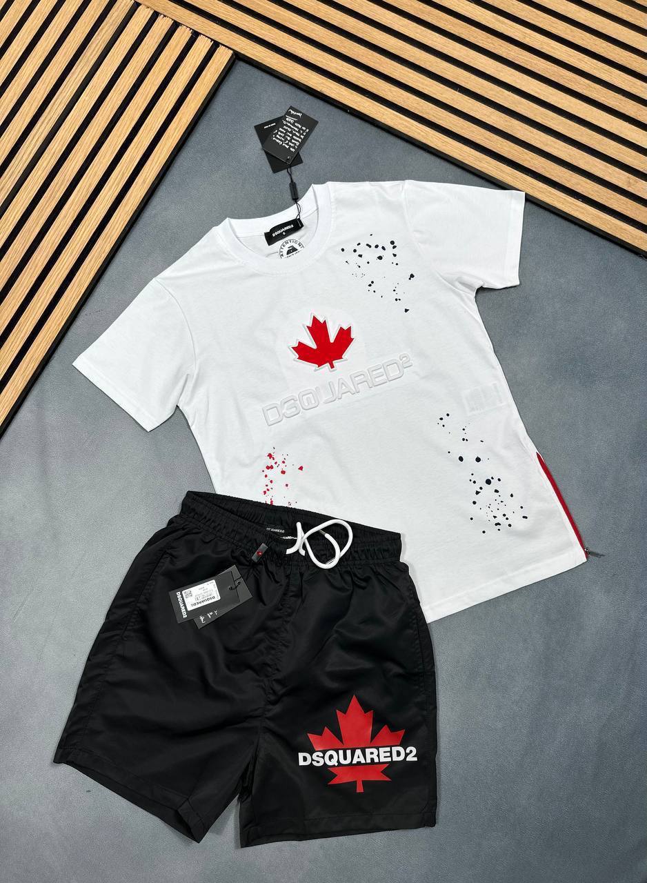 Dsquared 2 Red Leaf Black Graphic T-Shirts & Shorts Sets Men's