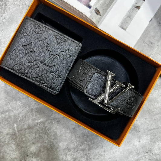 Louis Vuitton Black Classic LV Monogram Embossed Wallet & Belt Sets Mens in Black Color Best Sale AAA Quality UK Reps