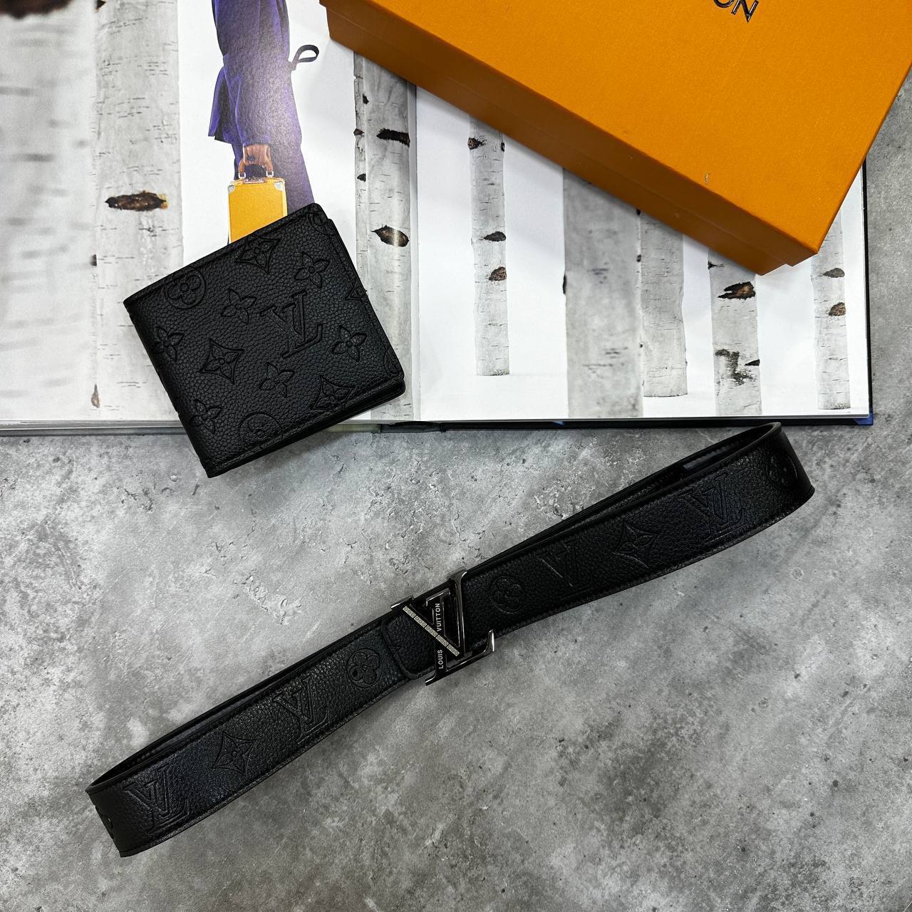 Louis Vuitton Black Classic LV Monogram Embossed Wallet & Belt Sets Mens in Black Color Best Sale AAA Quality UK Reps