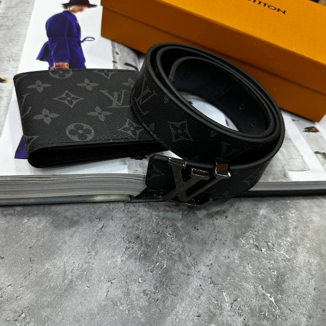 Louis Vuitton Black Classic LV Monogram Embossed Wallet & Belt Sets Mens in Black Color Best Sale AAA Quality UK Reps