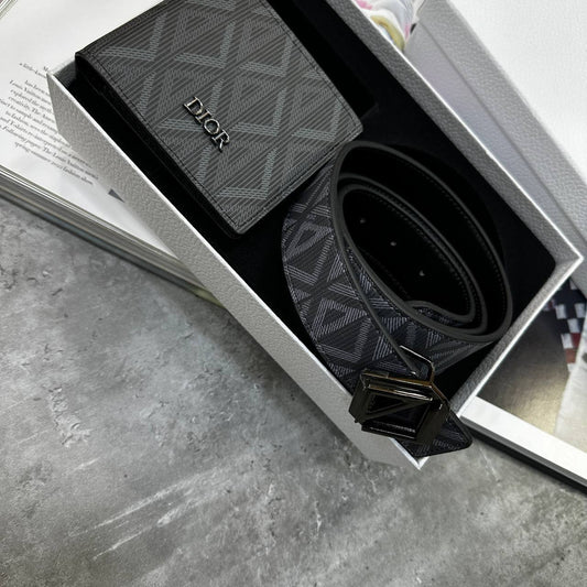 Christian Dior CD Diamond Canvas Black Wallet & Belt Sets Mens Best Sale UK Reps AAA Quality