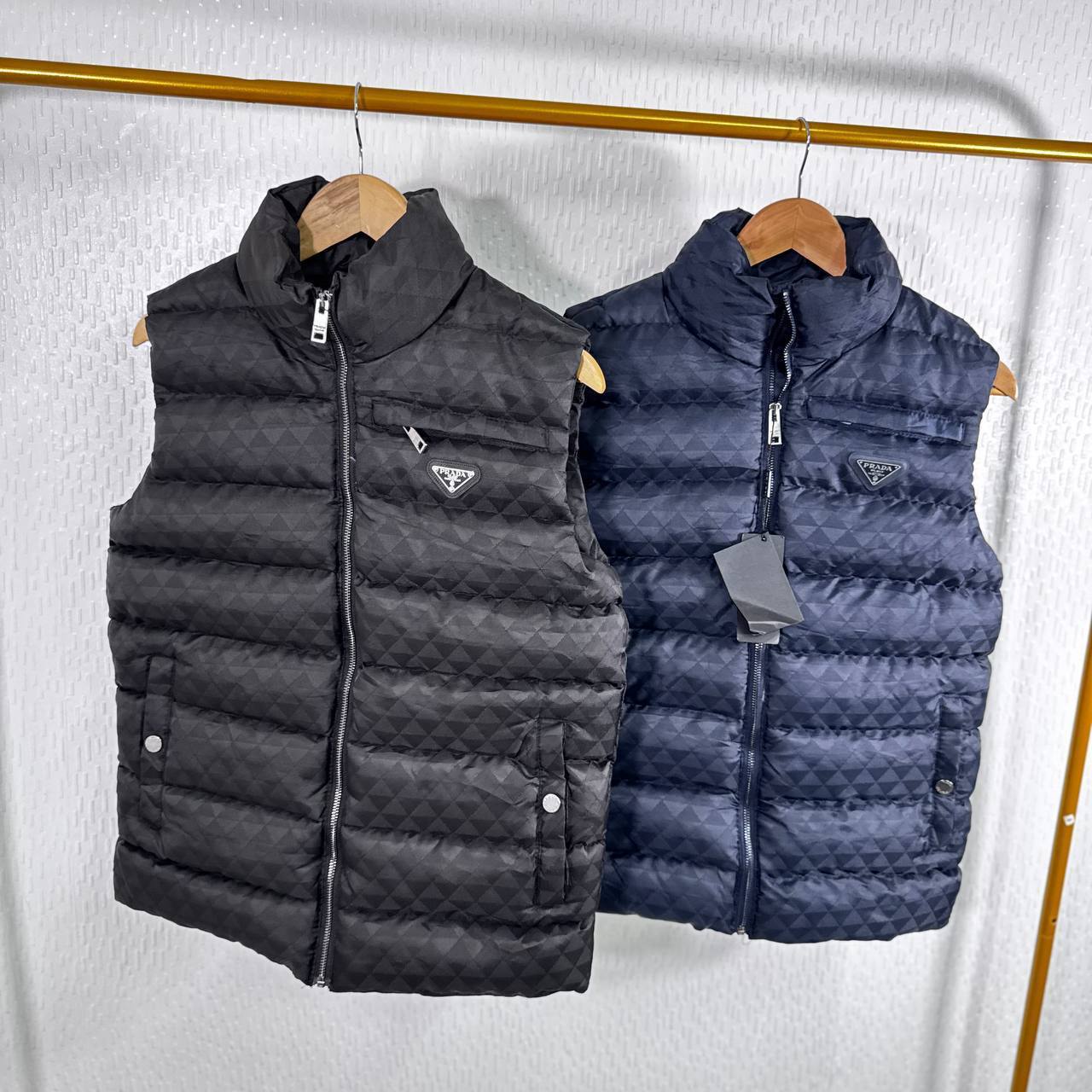 Prada Triangle Logo Padded Pocket Button Mens Gilets in 2 Colors Best Sale UK Reps AAA Quality