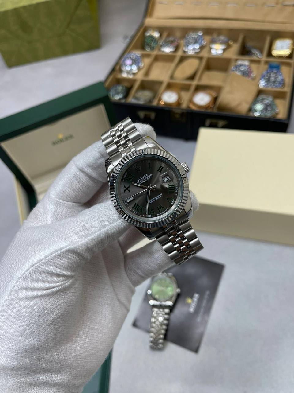 Rolex Oyster Perpetual Datejust Green Dial Silver Jubilee Bracelet Mens Watch Best Sale UK Reps AAA Quality