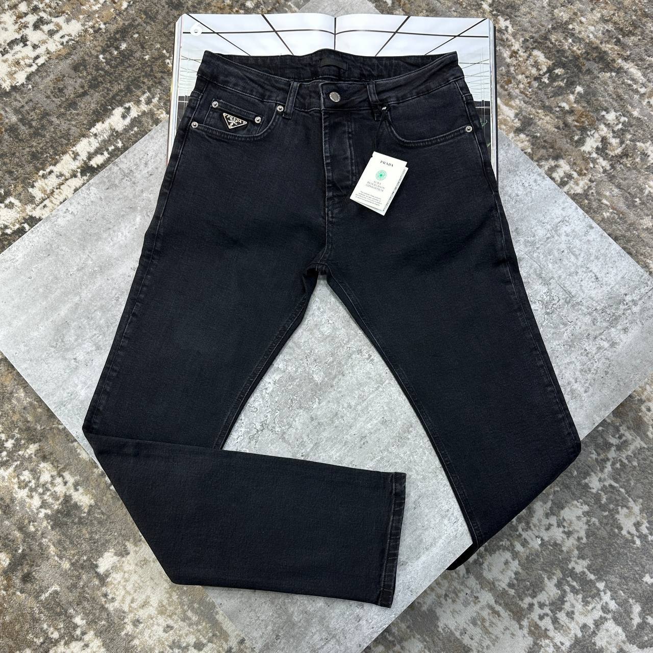Prada Enamelled Triangle Logo Black Jeans Men Collection UK Reps AAA Quality
