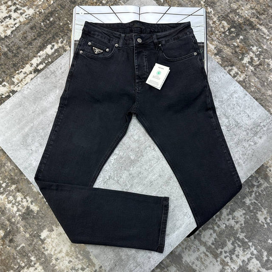 Prada Enamelled Triangle Logo Black Jeans Men Collection UK Reps AAA Quality