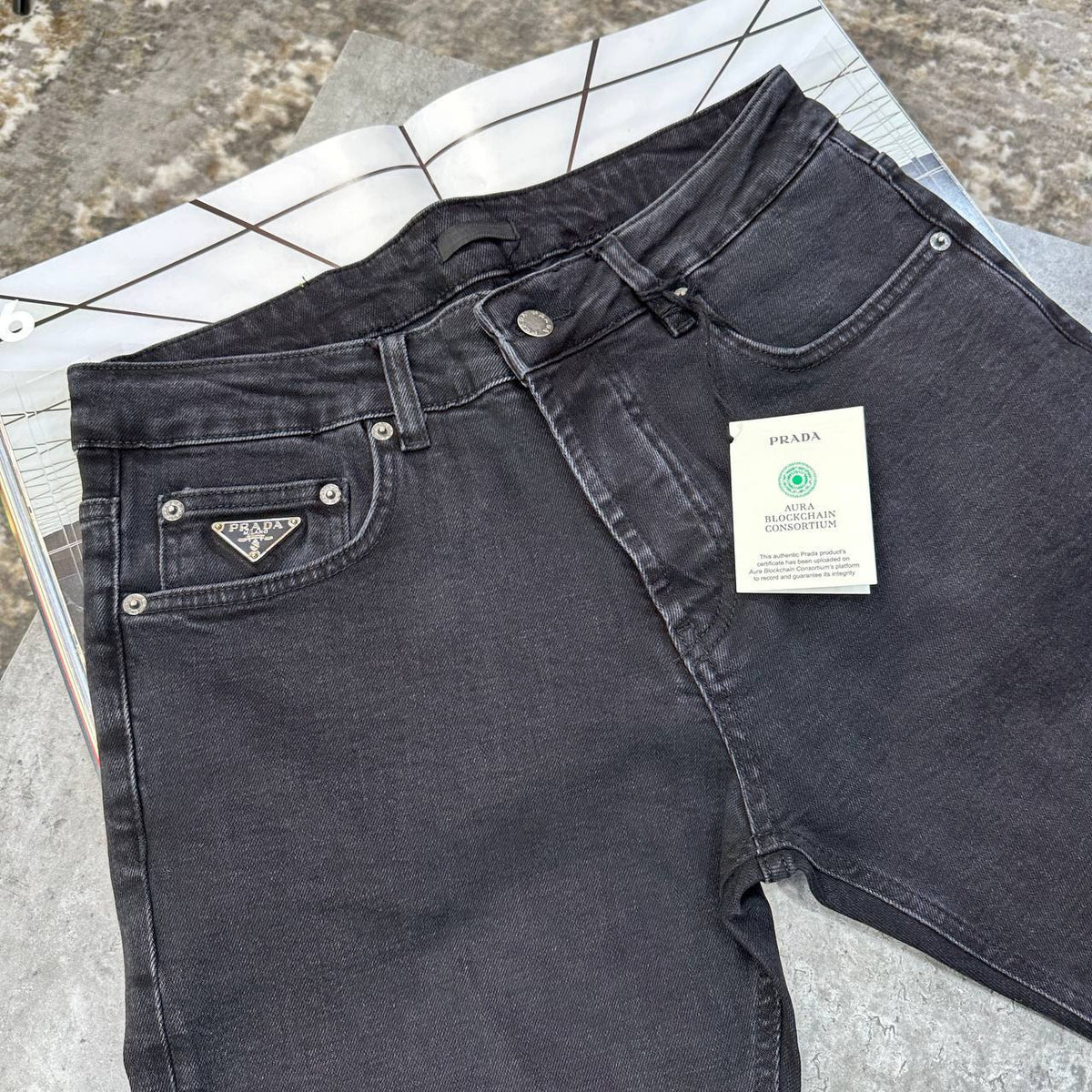 Prada Enamelled Triangle Logo Black Jeans Men Collection UK Reps AAA Quality