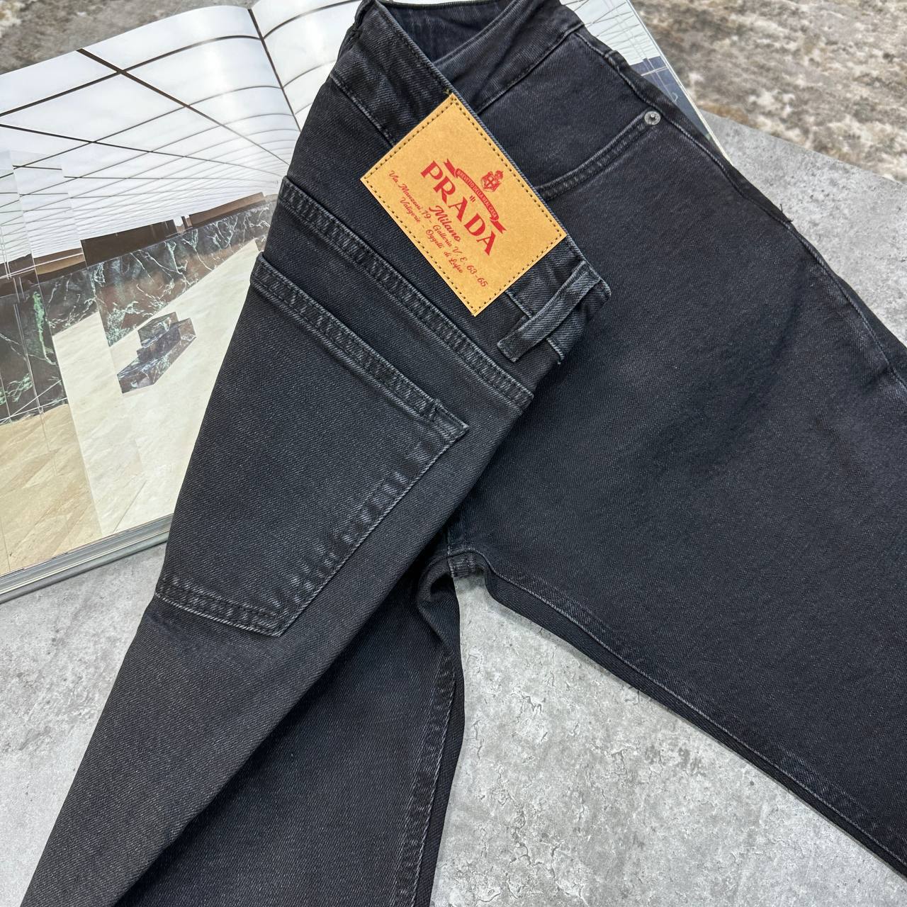 Prada Enamelled Triangle Logo Black Jeans Men Collection UK Reps AAA Quality