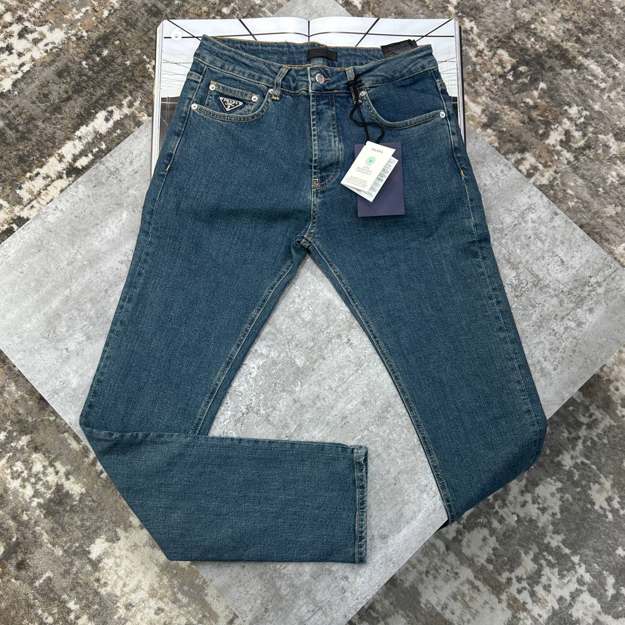 Prada Enamelled Triangle Logo Black Jeans Men Collection UK Reps AAA Quality