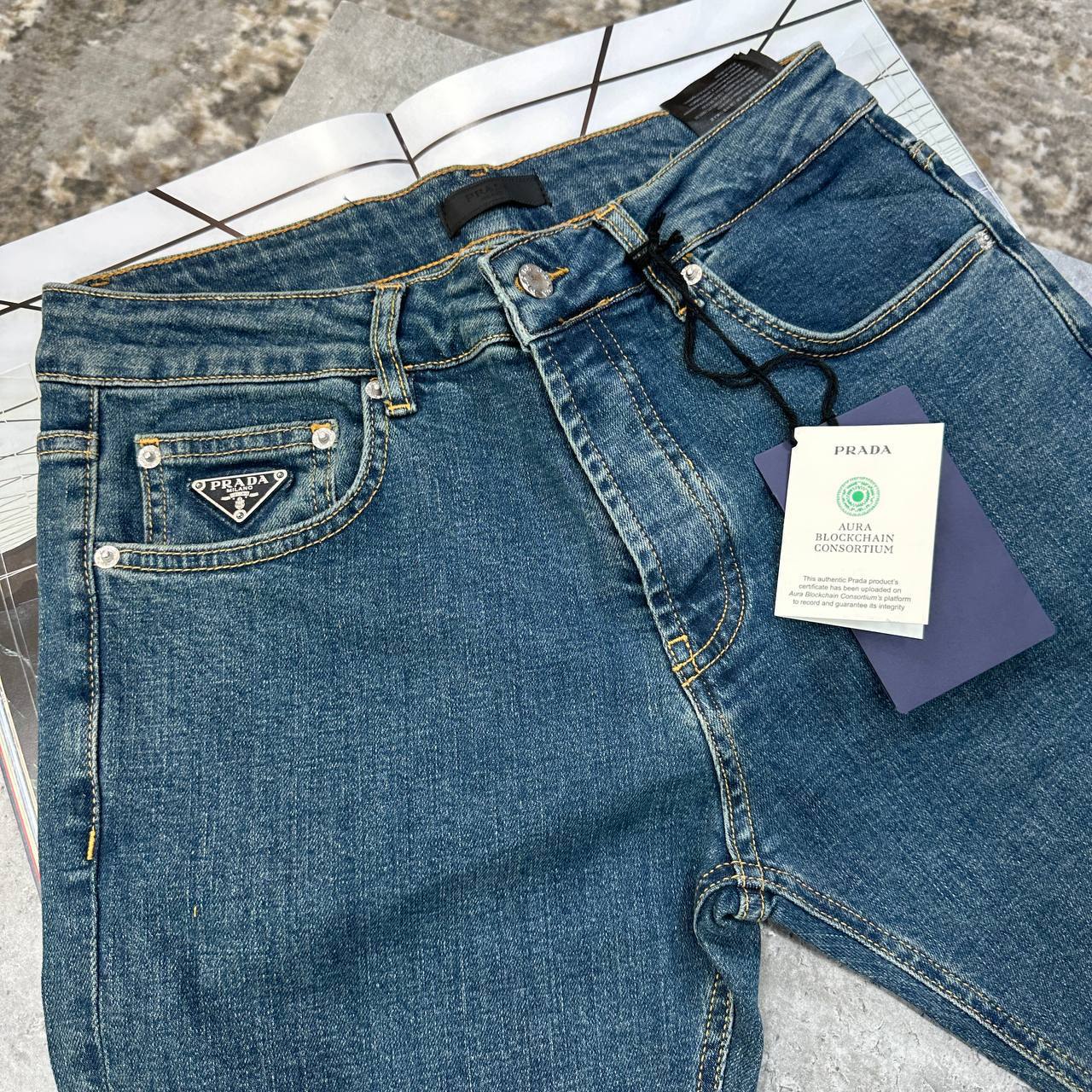 Prada Enamelled Triangle Logo Black Jeans Men Collection UK Reps AAA Quality