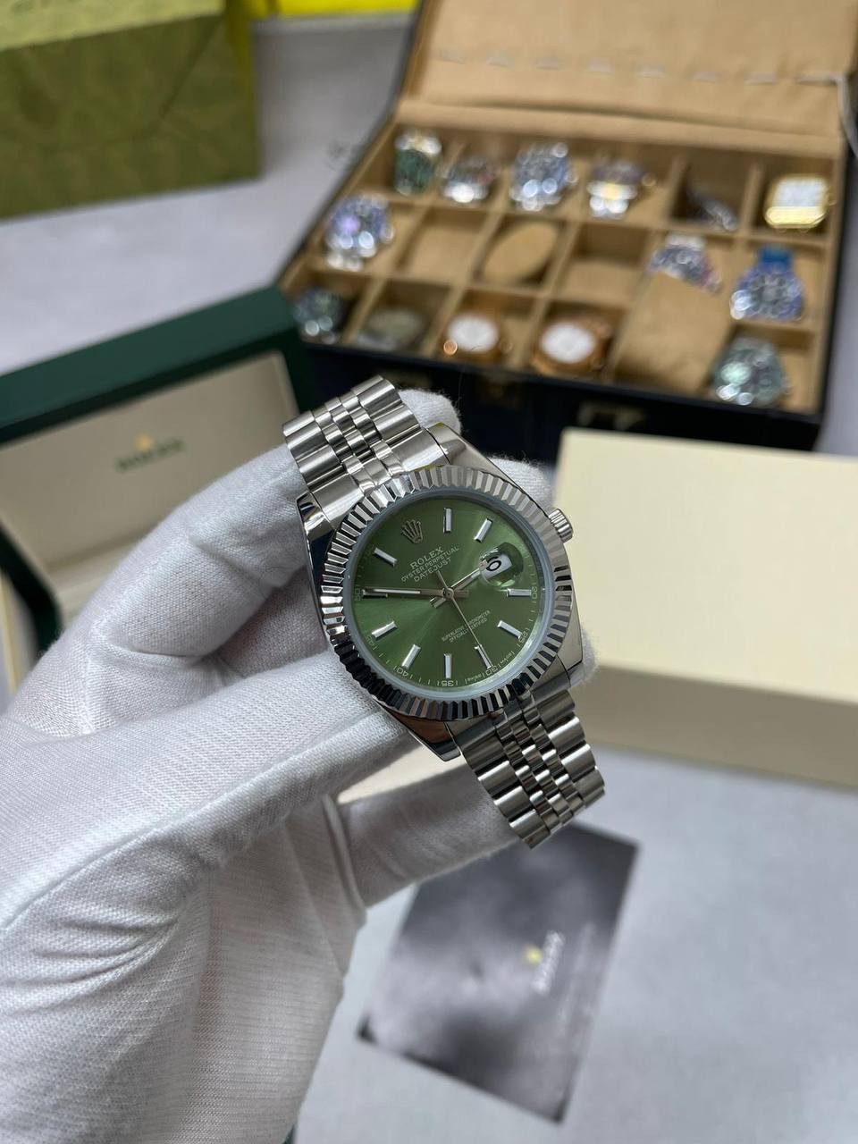 Rolex Oyster Perpetual Datejust Green Dial Silver Jubilee Bracelet Mens Watch Best Sale UK Reps AAA Quality