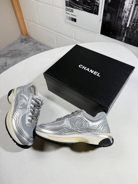 Chanel Gray Silver Metallic CC Logo Lace Up Flat Runner Womens Trainers Best Sale UK Reps AAA Quality