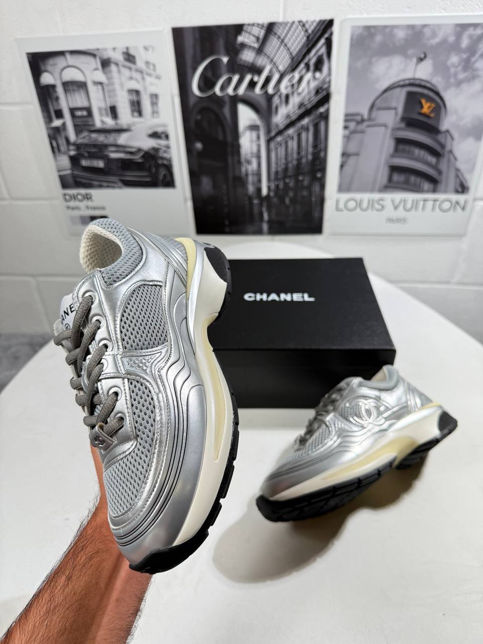 Chanel Gray Silver Metallic CC Logo Lace Up Flat Runner Womens Trainers Best Sale UK Reps AAA Quality