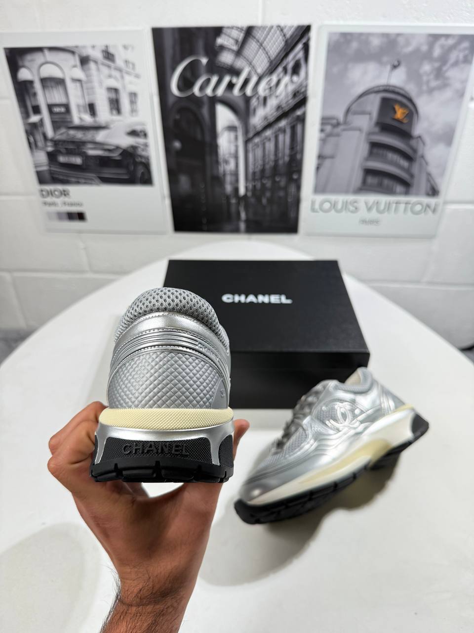 Chanel Gray Silver Metallic CC Logo Lace Up Flat Runner Womens Trainers Best Sale UK Reps AAA Quality