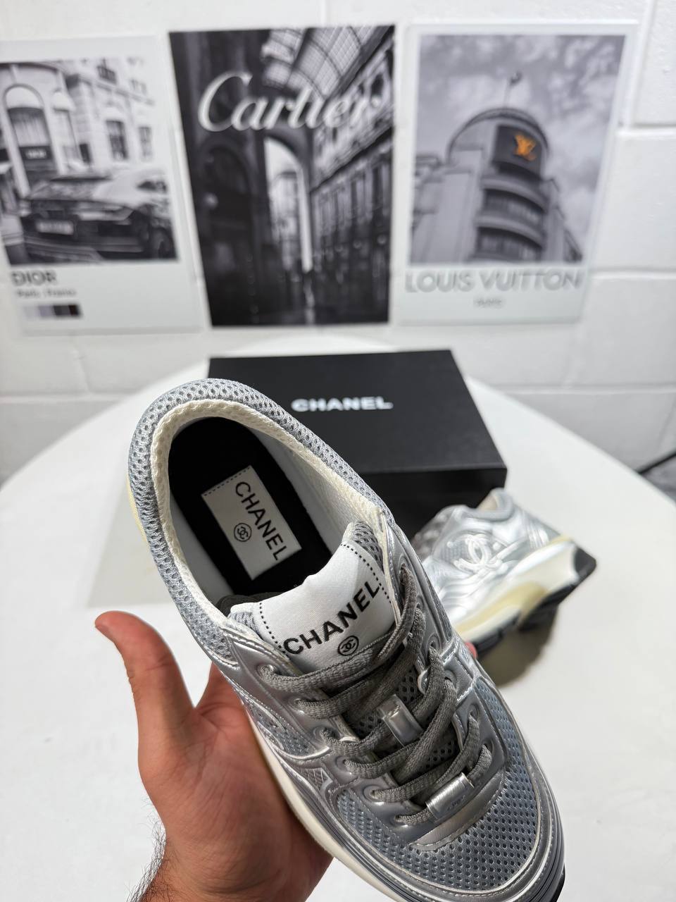 Chanel Gray Silver Metallic CC Logo Lace Up Flat Runner Womens Trainers Best Sale UK Reps AAA Quality