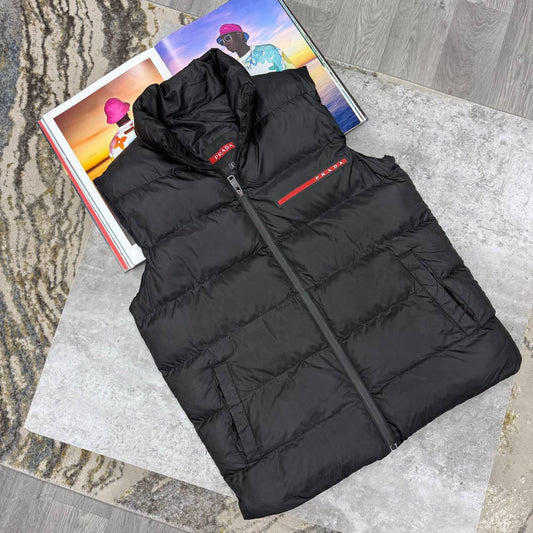 Prada Puffer Vest Logo Gilet Mens in Black Color Best Sale UK Reps AAA Quality