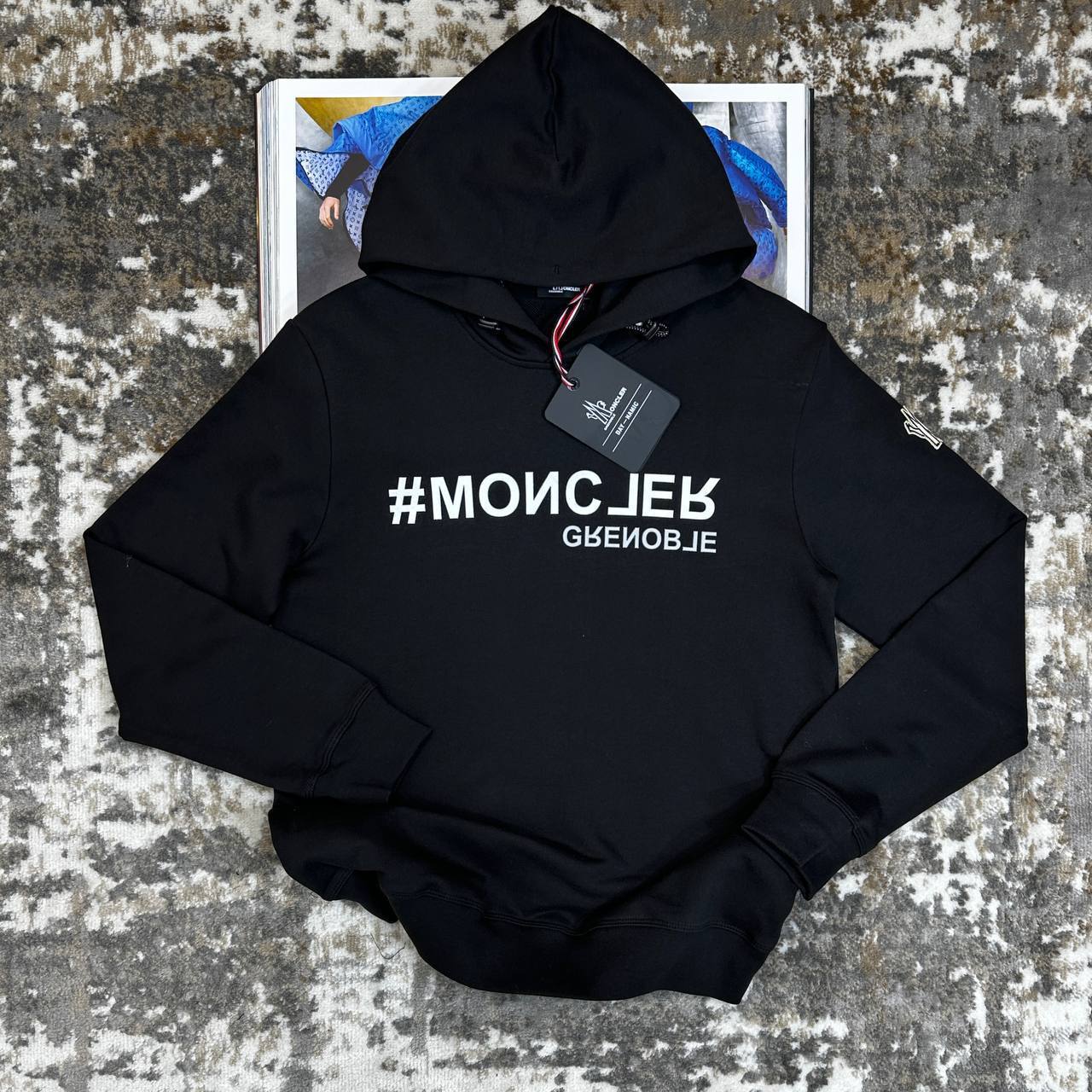 Moncler Black Mirrored Logo Cotton Hoodie Mens in Multiple Colors Best Sale UK Reps AAA Quality