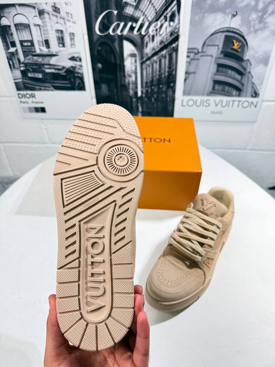 Louis Vuitton LV Trainer Distressed Triple Beige Mens Best Sale UK Reps AAA Quality