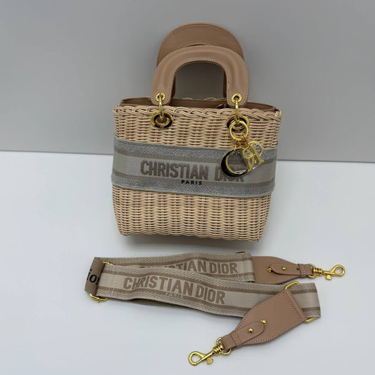 Christian Dior Lady Dior Wicker Straw x Canvas 2 Way Handbag Womens in Beige Color Best Sale UK Reps AAA Quality