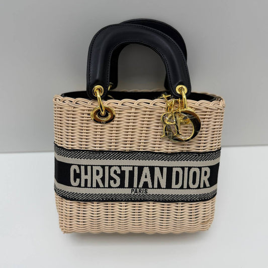 Christian Dior Natural Wicker/Blue Oblique Canvas 2 Way Handbag Womens Best Sale UK Reps AAA Quality