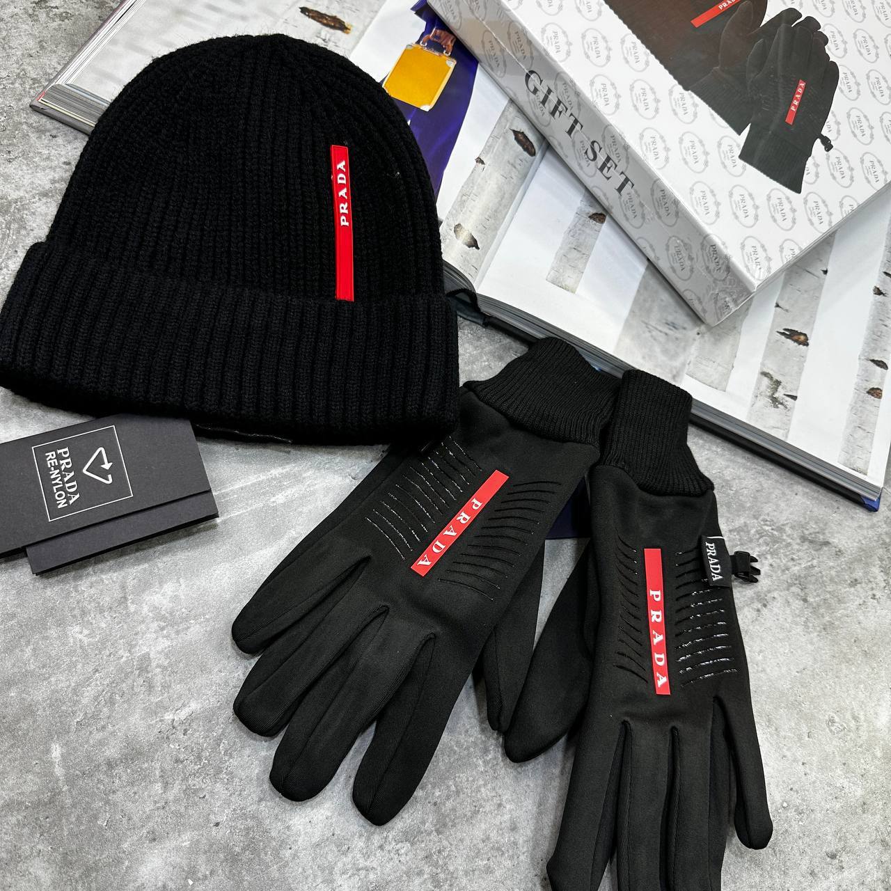 Prada Wool Knitted Hat & Gloves Set Mens in Black Color Best Sale UK Reps AAA Quality