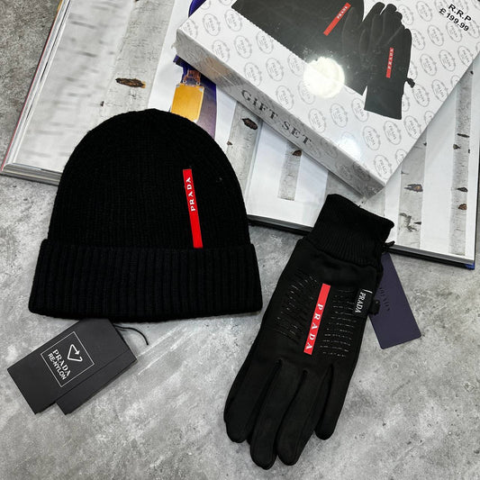 Prada Wool Knitted Hat & Gloves Set Mens in Black Color Best Sale UK Reps AAA Quality