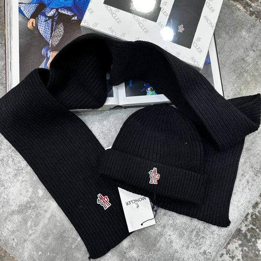 Moncler Grenoble Logo-Embroidered Knitted Wool Scarf & Cap Set Mens in Black Color UK Reps AAA Quality