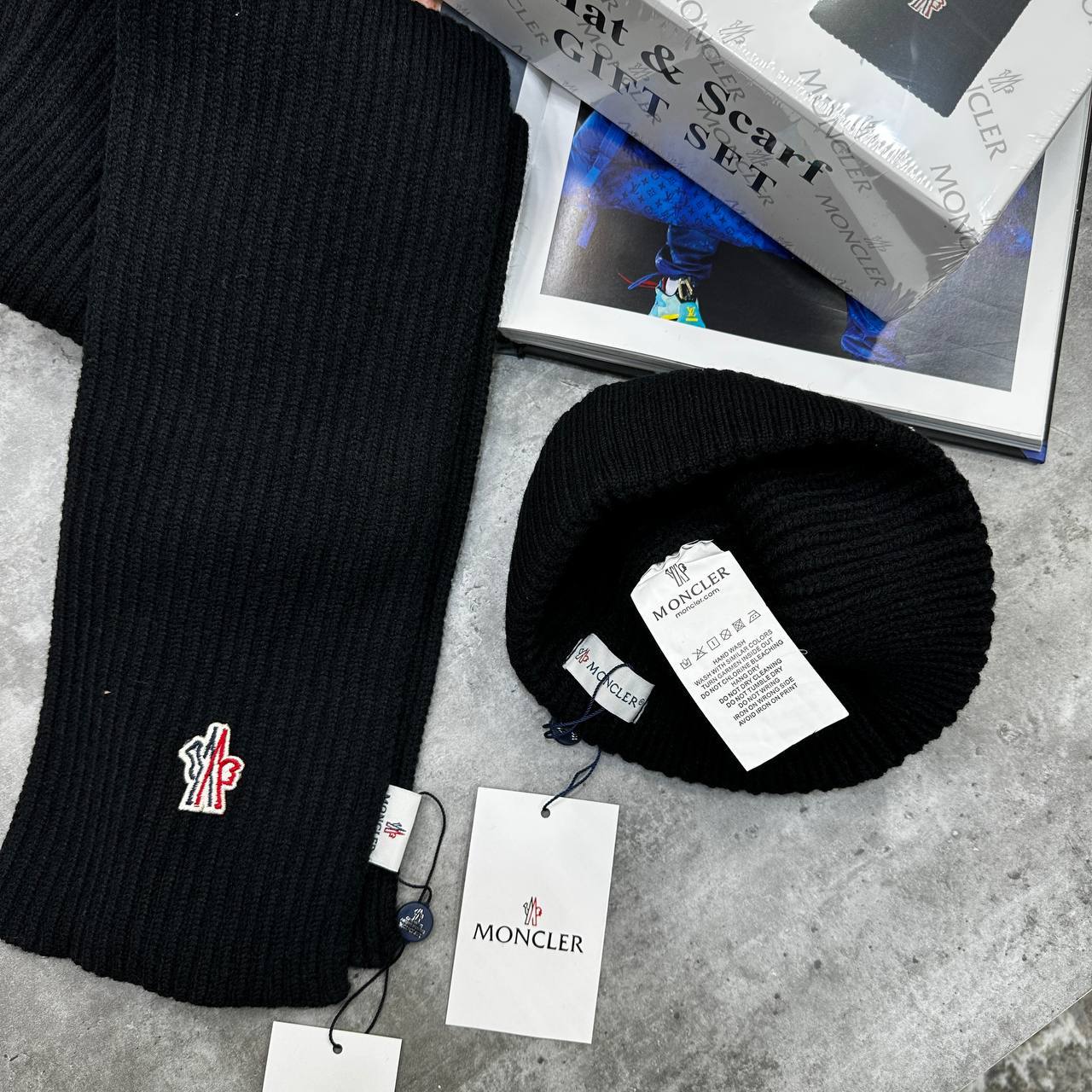 Moncler Grenoble Logo-Embroidered Knitted Wool Scarf & Cap Set Mens in Black Color UK Reps AAA Quality