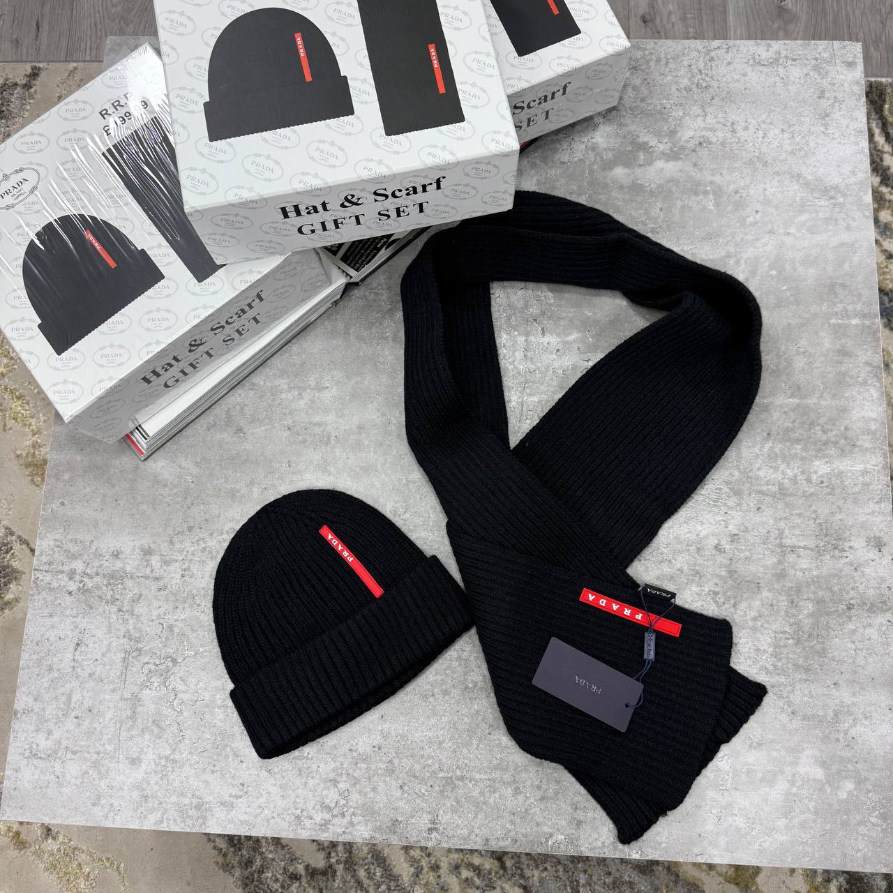 Prada Sport Wool Knitted Scarf & Cap Set Mens in Black Color UK Reps AAA Quality