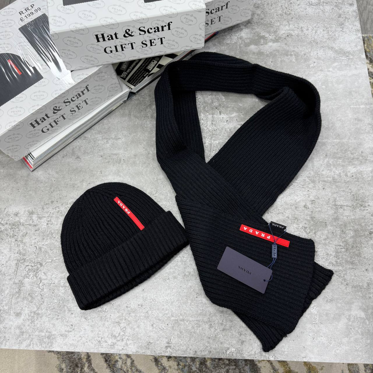 Prada Sport Wool Knitted Scarf & Cap Set Mens in Black Color UK Reps AAA Quality