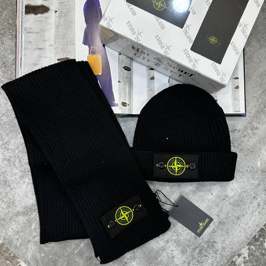 Stone Island Badge Woolen Scarf & Cap Set Mens in Black Color UK Reps AAA Quality
