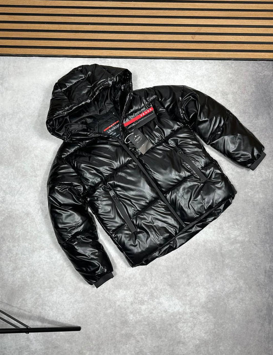 Prada Dincer Short Down Logo Jacket Mens in Black Color Best Sale UK Reps AAA Quality