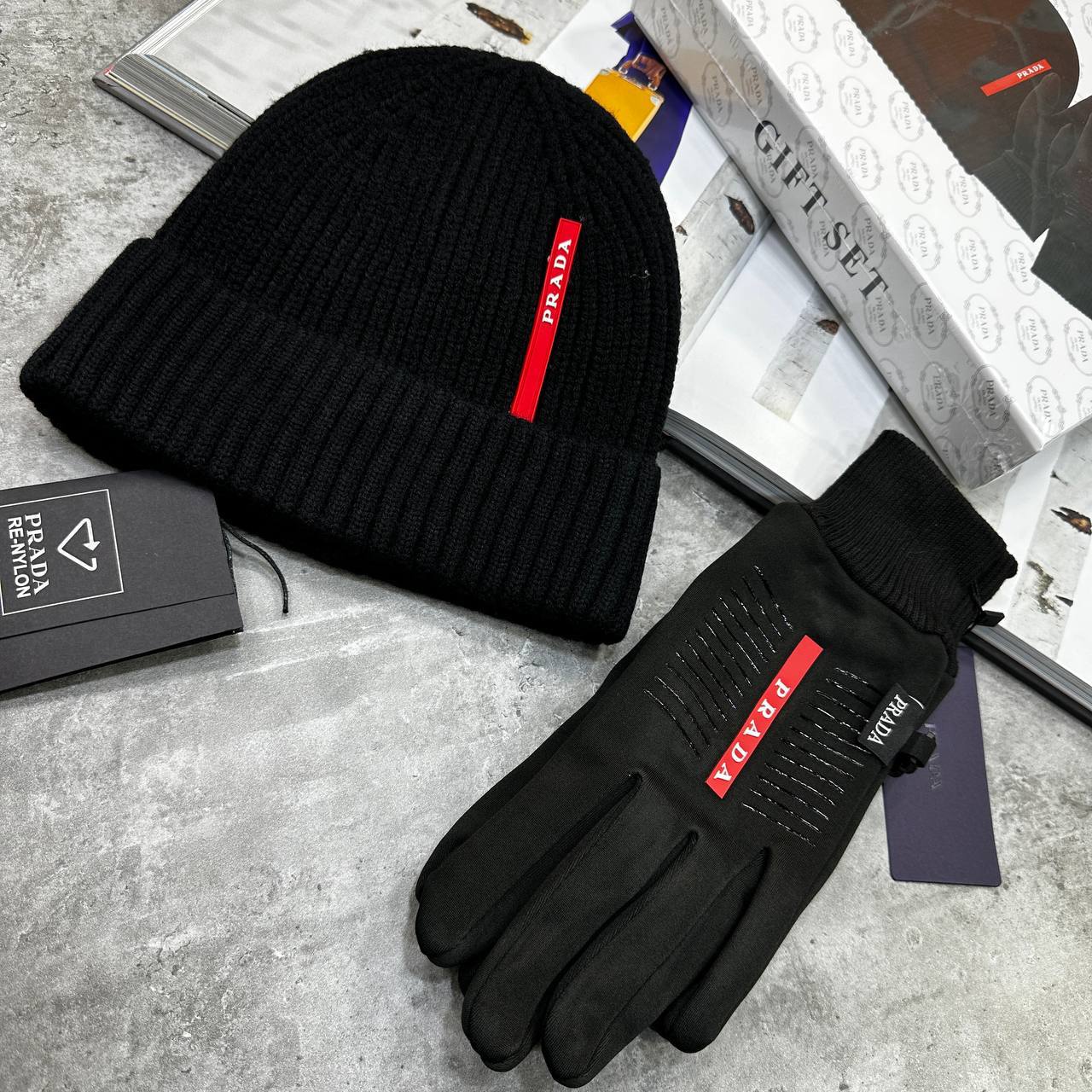 Prada Wool Knitted Hat & Gloves Set Mens in Black Color Best Sale UK Reps AAA Quality